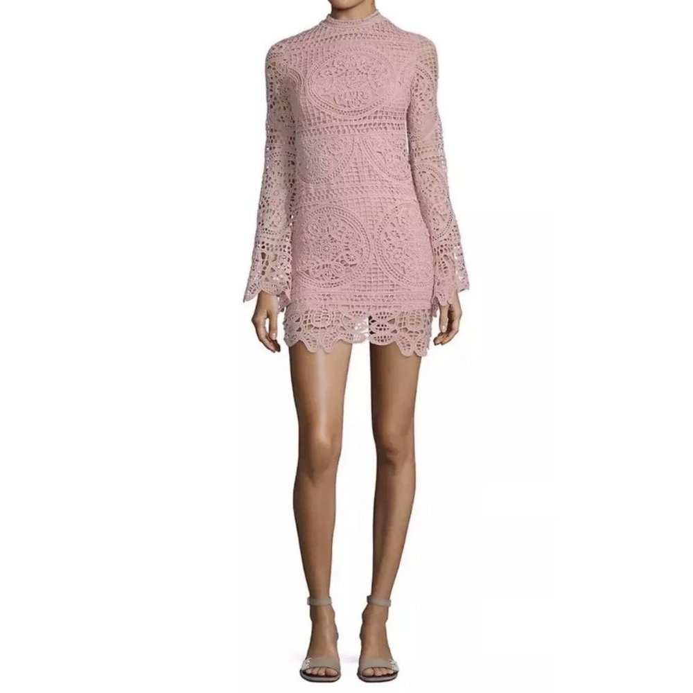 Haute Rouge Women Sheath Dress Embroidered Crochet Bell Sleeve Mock Neck Pink XS